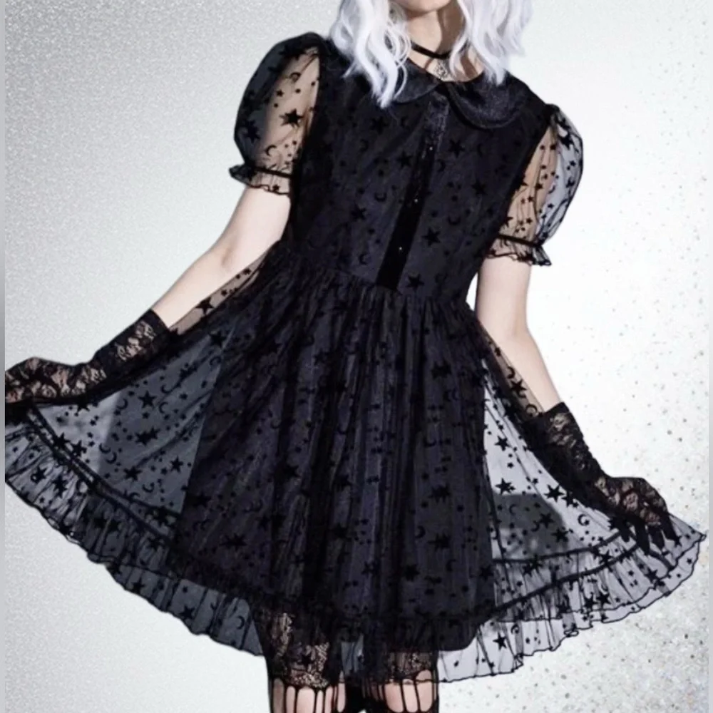 Gothic Fairy Whimsical Mesh Velvet Star Collar Dress 💫 - Picture 1 of 3